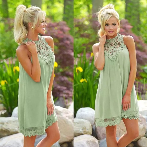 NEW Green Crochet Lace High Neck Dress - Picture 2 of 6